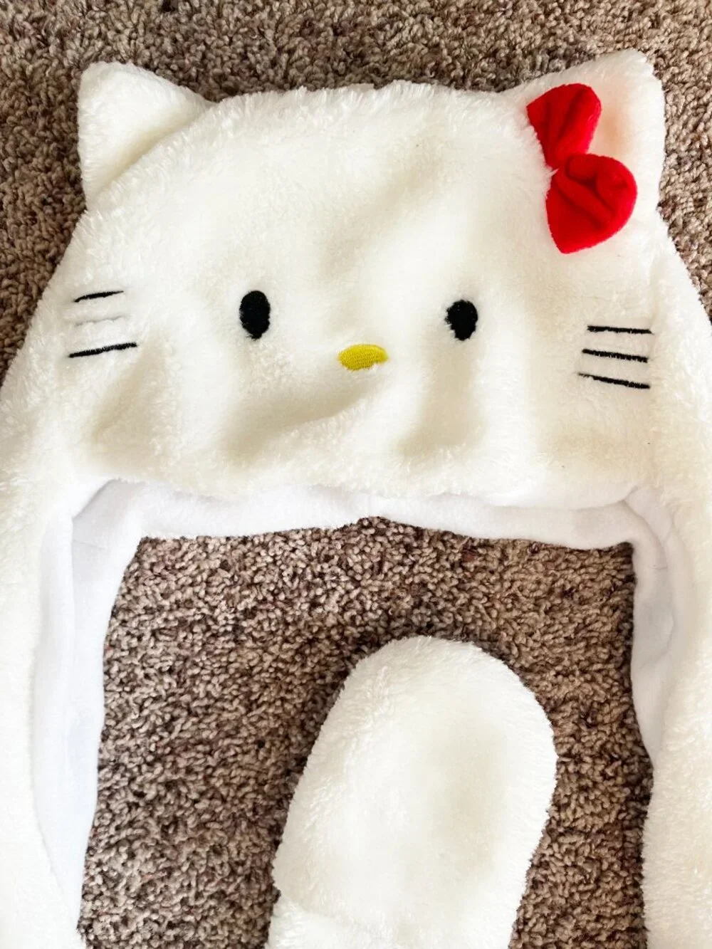 Kids White Plush Hello Kitty Hat Scarf Attached Mittens Red Bow Kawaii Winter
